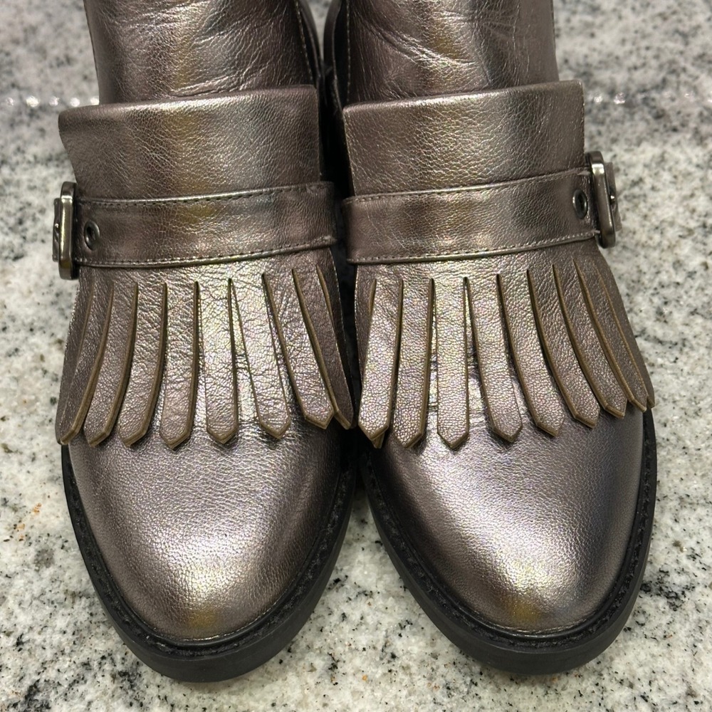 Marc Fisher Womens 7.5 Ankle Boots Pewter Metallic Kiltie Fringe Monk Strap Moto - Picture 8 of 8
